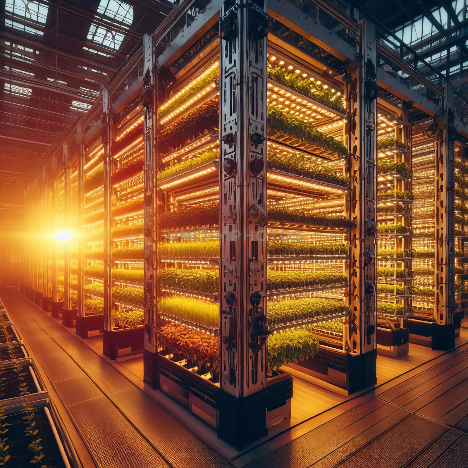 A spacious warehouse constructed with hardwood beams and metal beams. The shelves in the rectangleshaped building are filled with plants, illuminated by lights in tints and shades