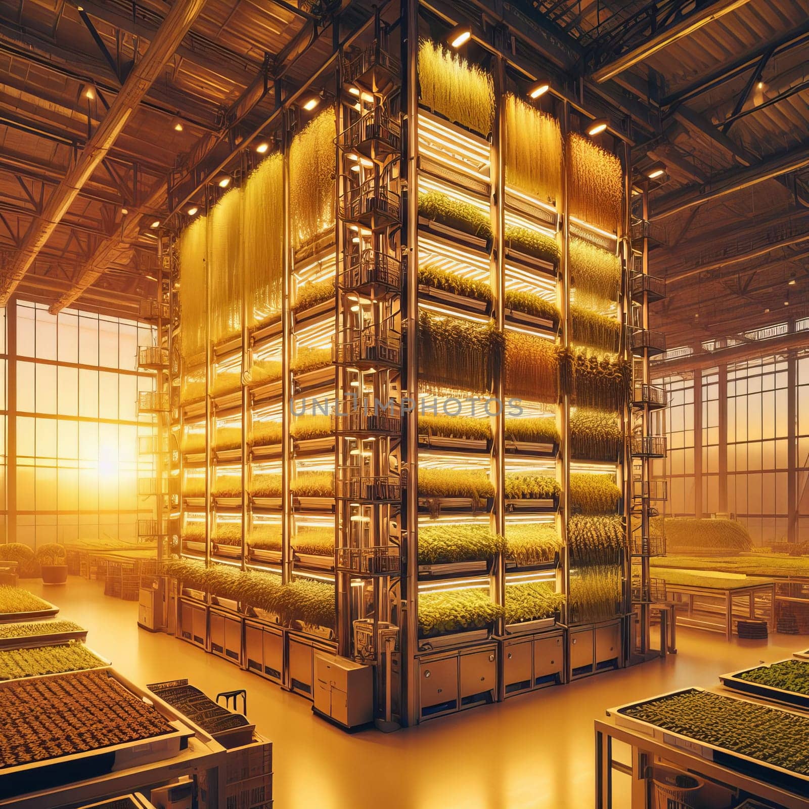 A massive warehouse with metal beams stacked with hardwood lumber, used for mass production of wood flooring and building materials, surrounded by shelves and plants