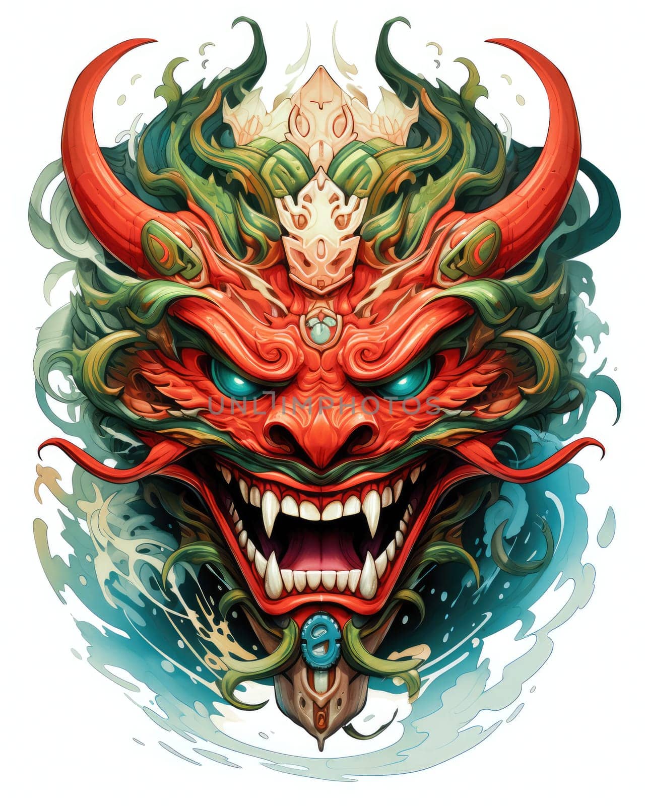 Ethnic mask of evil head. Decorative portrait of mystical demon in traditional ethnic oriental style
