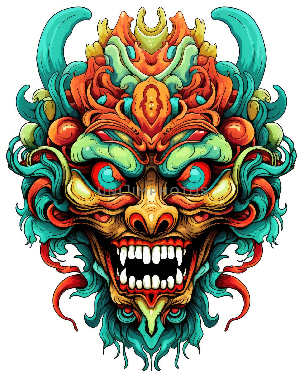 Ethnic mask of evil head. Decorative portrait of mystical demon in traditional ethnic oriental style