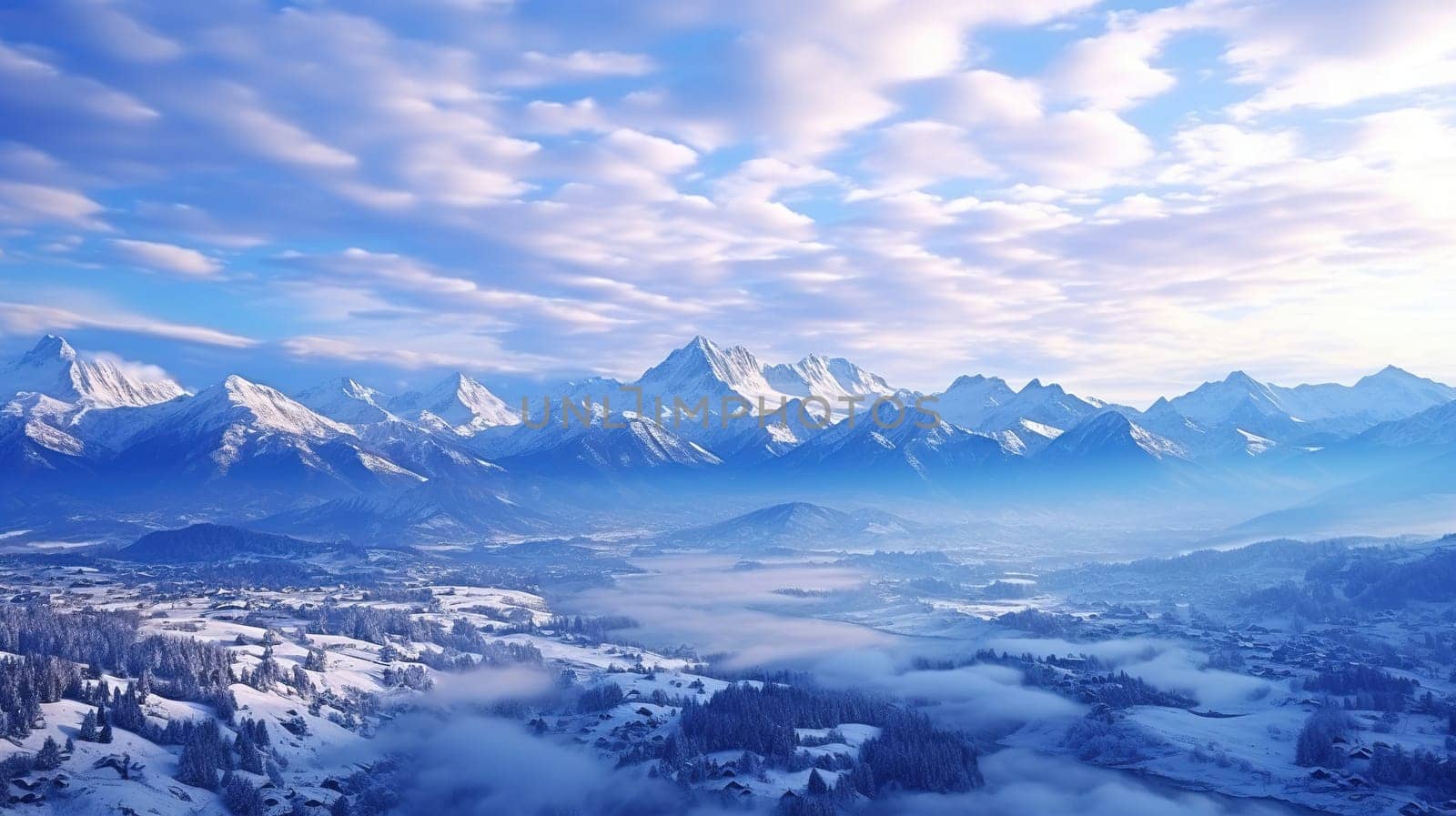 Aerial view of the peaks of snow-capped mountains.