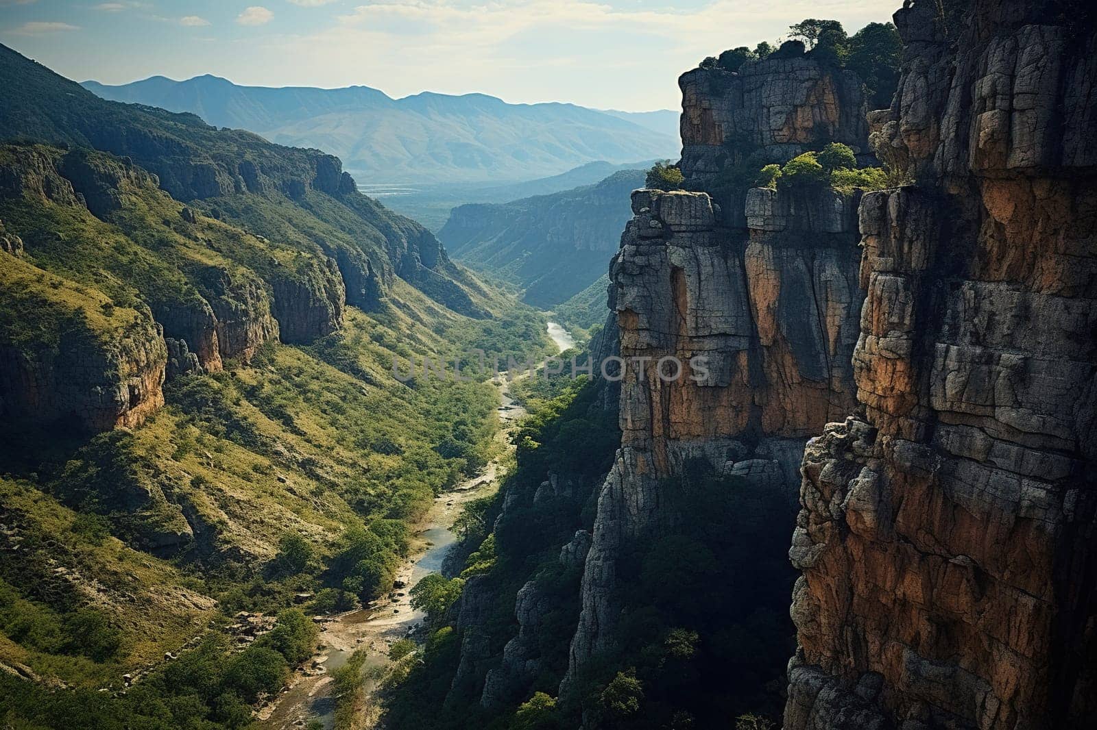 Top view of beautiful rocks with greenery in the fog.