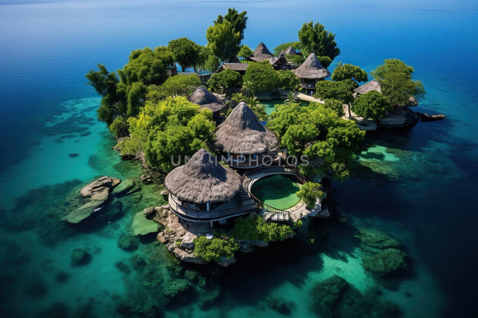 Top view of a small island with houses in the middle of the ocean, sea.