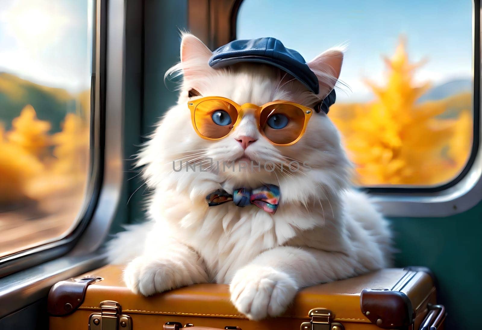 A beautiful Ragdoll cat travels with a suitcase on the train. AI generated image.