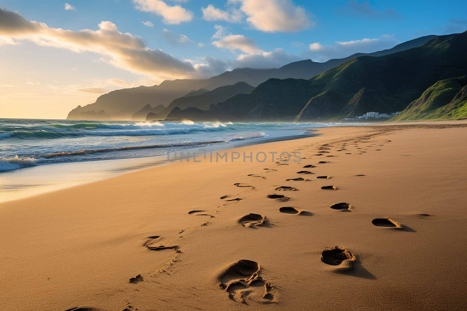 Footprints in the sand along the seashore near the mountains. Vacation concept. Generated by artificial intelligence by Vovmar