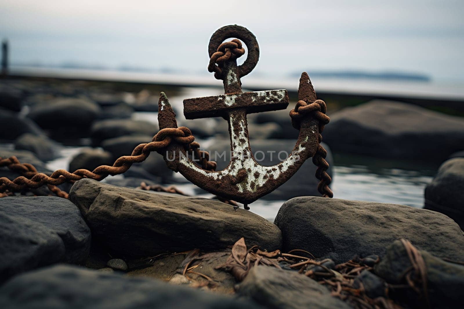 An old rusty anchor lies on the pebble shore.