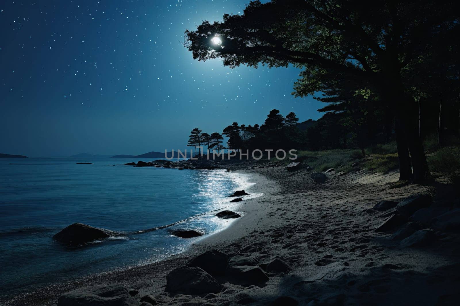 Night seascape. Seashore in the moonlight.
