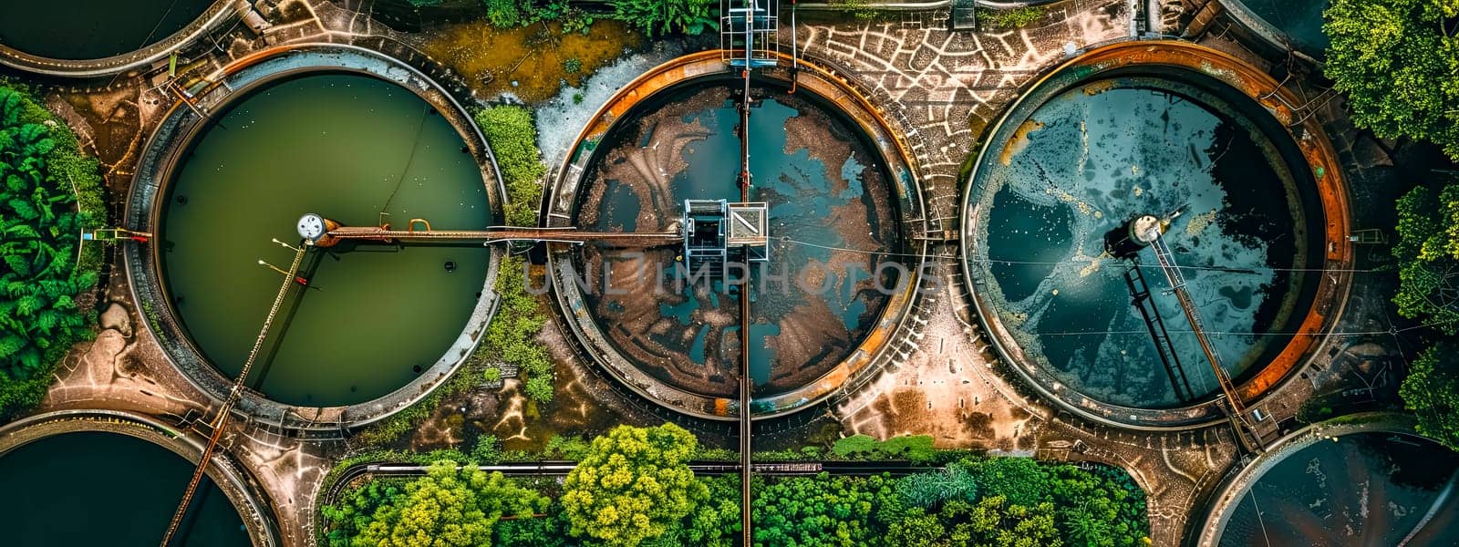 Bird's-eye view of a sewage purification system surrounded by greenery