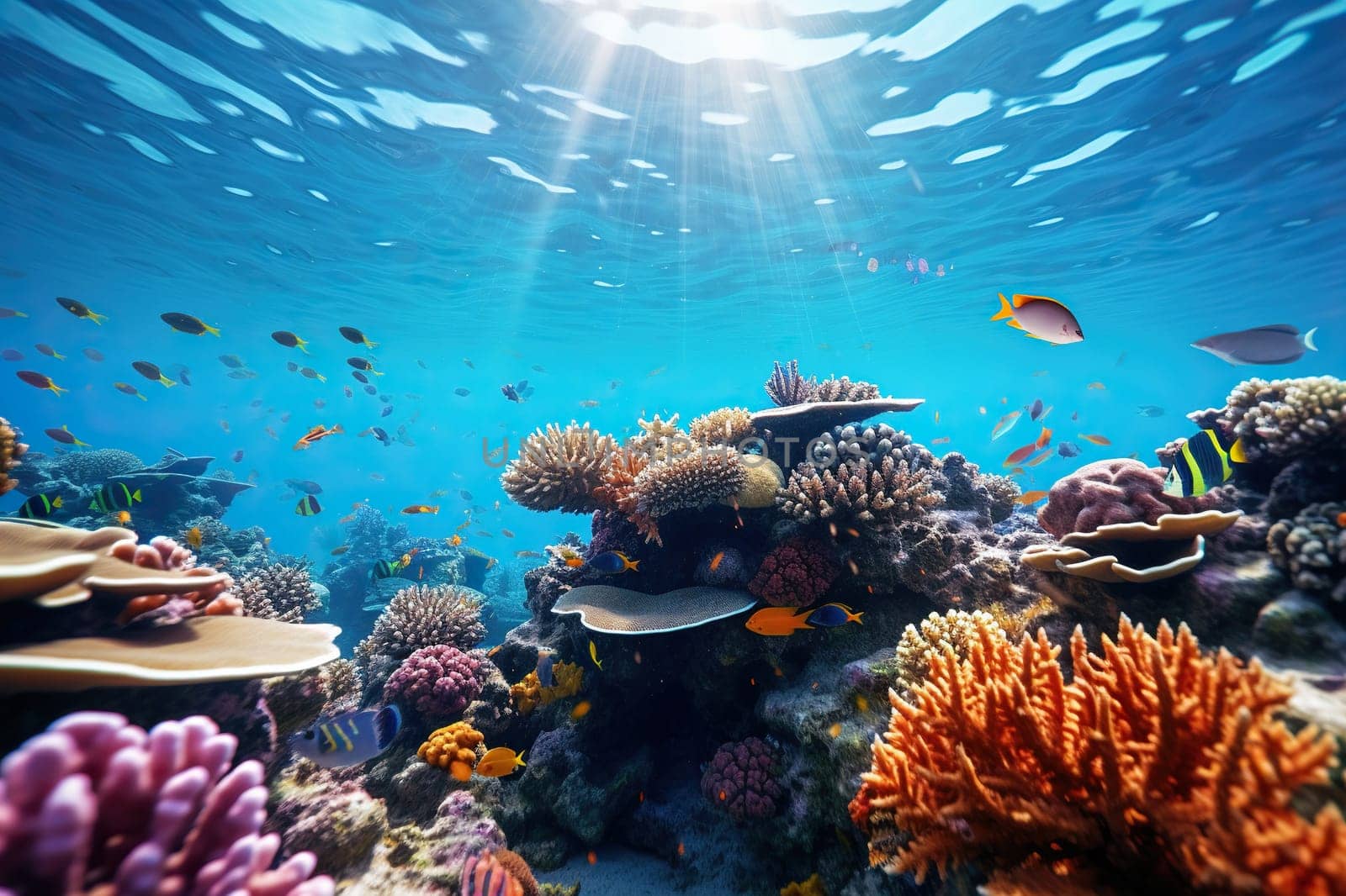 Underwater scene. Rich underwater world. Corals, reefs, colored fish underwater. Rays of the sun under water.