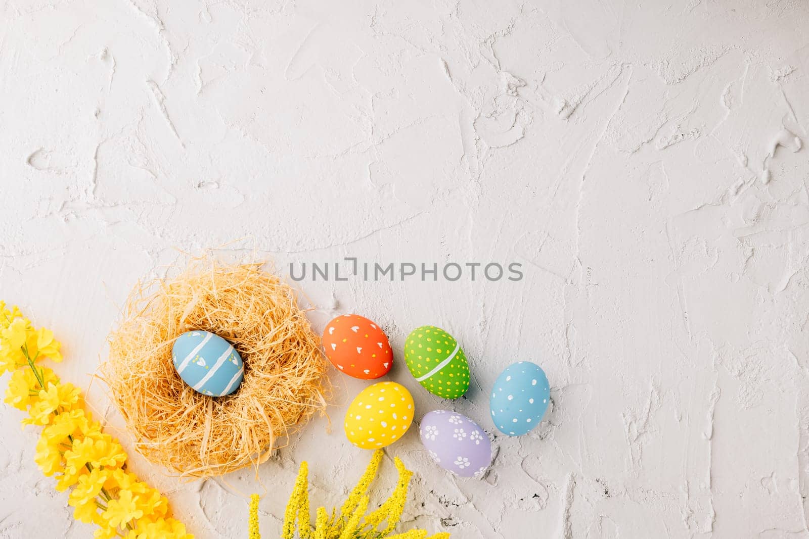 Top view holiday banner background web design white easter eggs by Sorapop