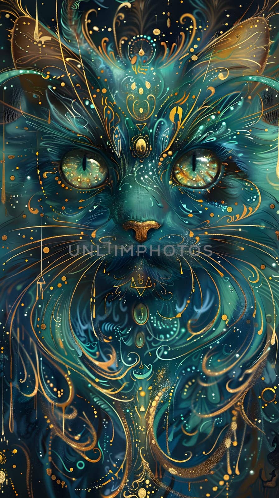 Closeup painting of a Felidae with electric blue fur and green eyes by Nadtochiy