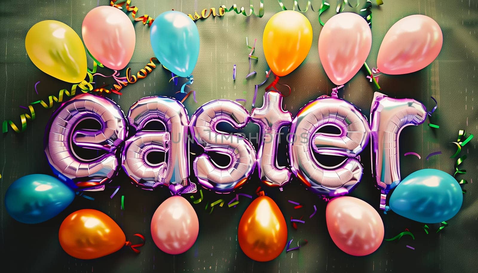 Word EASTER made of colorful inflatable balloons. Helium foil balloons forming word easter. Happy Easter concept, great Christian holiday, celebrating decoration.