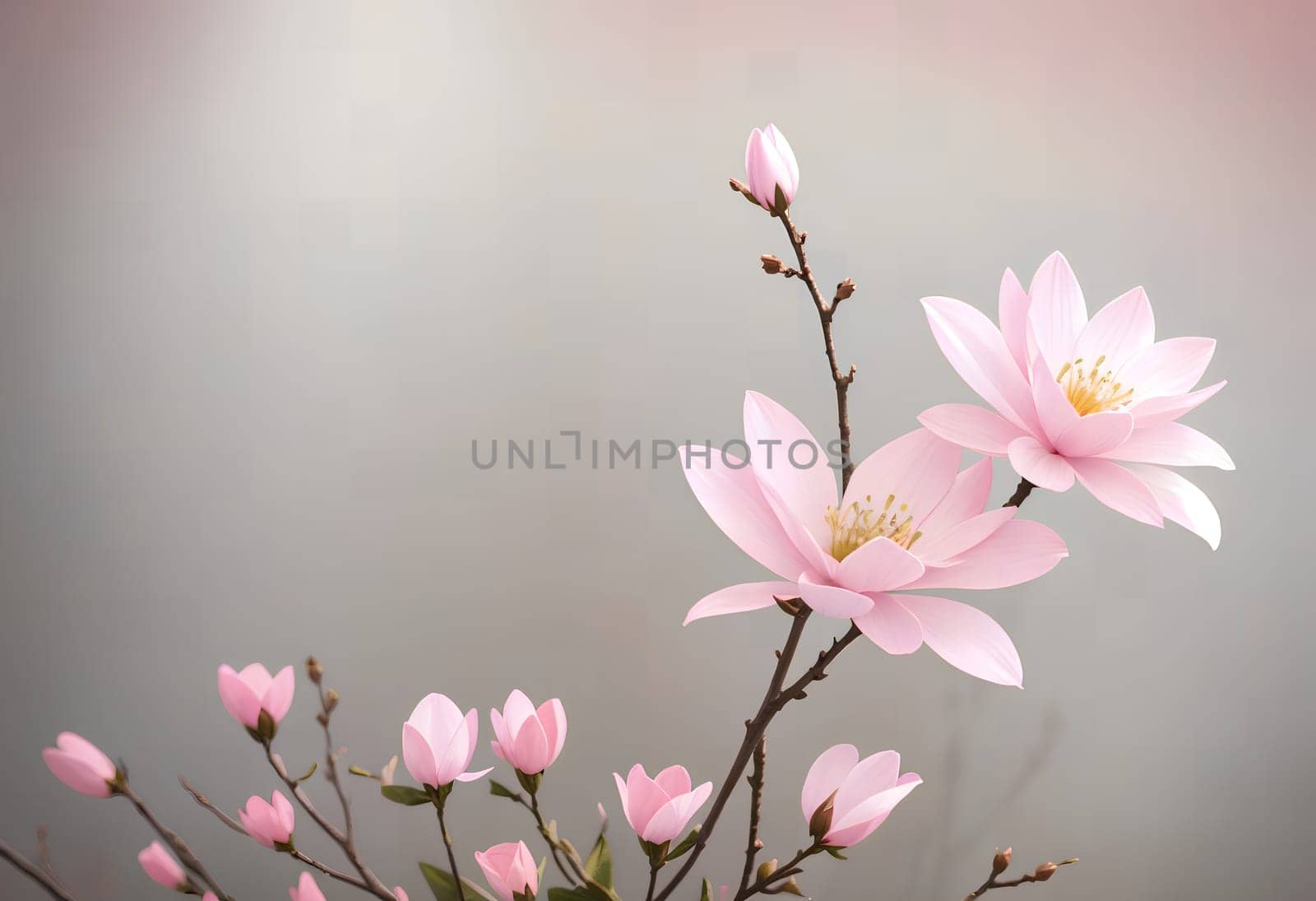 pink blooming magnolia flowers, abstract background. AI generated image.