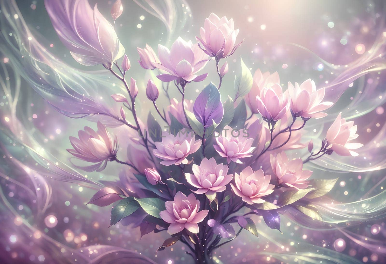 pink blooming magnolia flowers, abstract background. AI generated image.