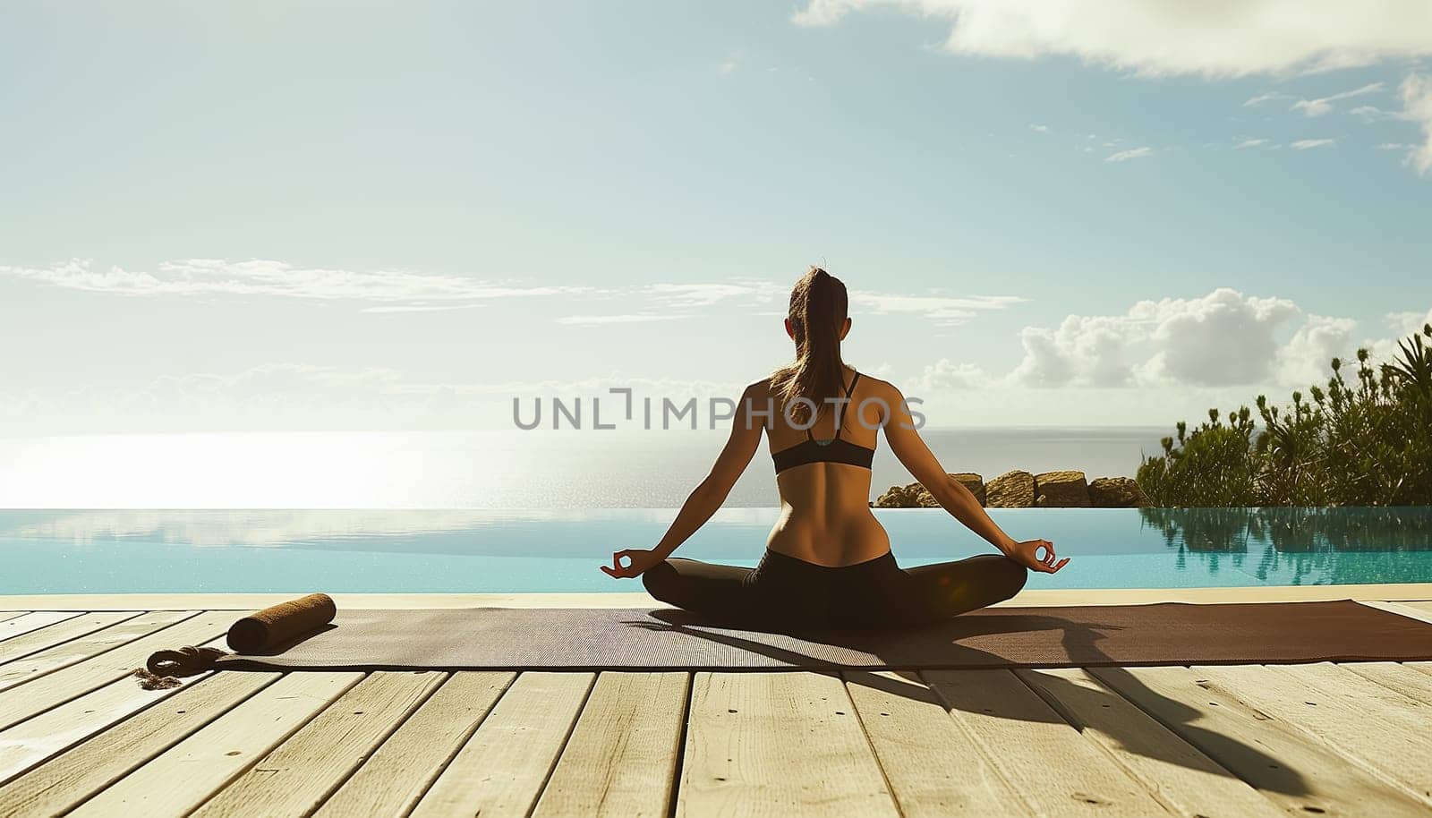 Young woman practicing yoga by a swimming pool with ocean in the background