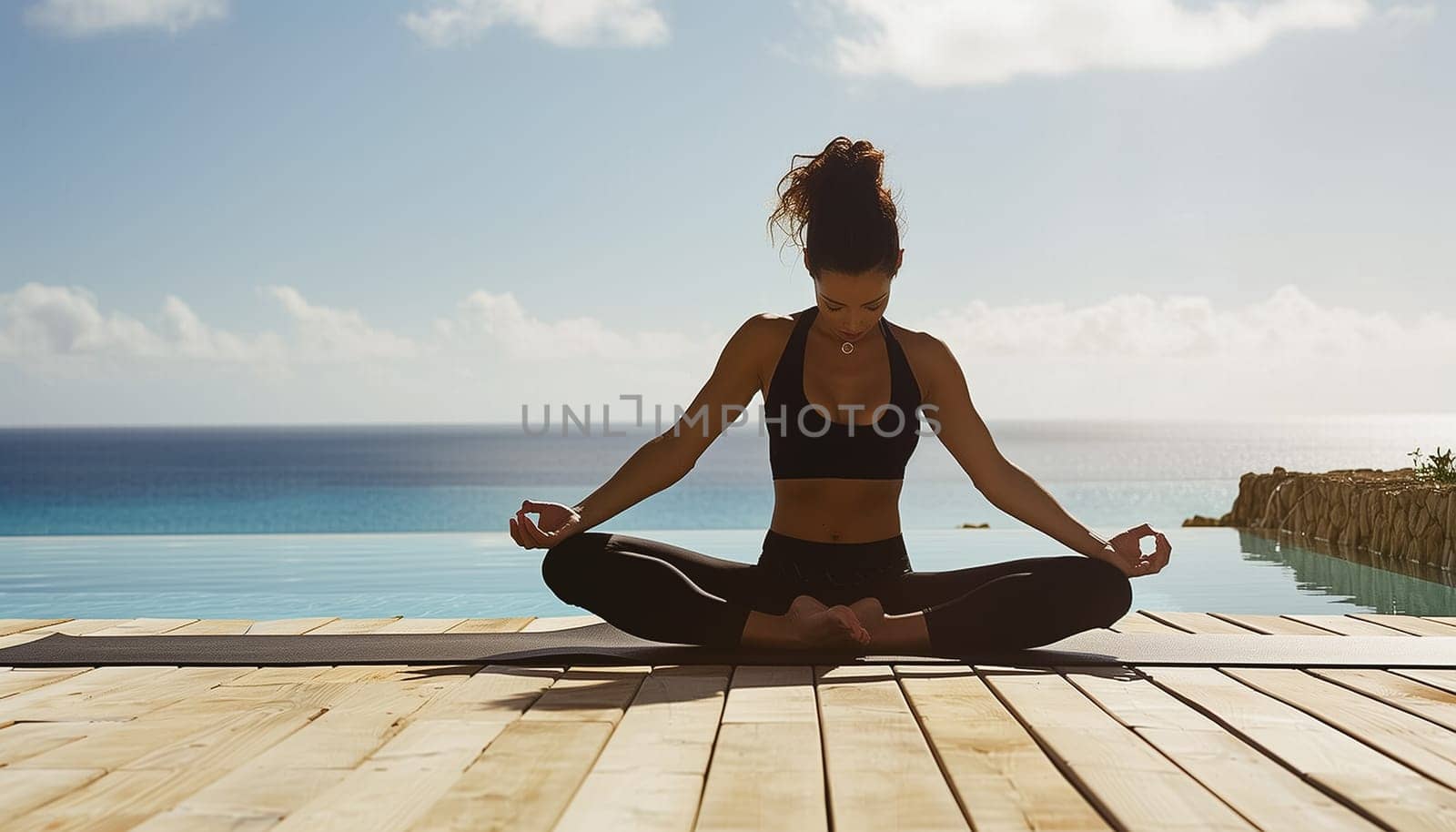 Young woman practicing yoga by a swimming pool with ocean in the background