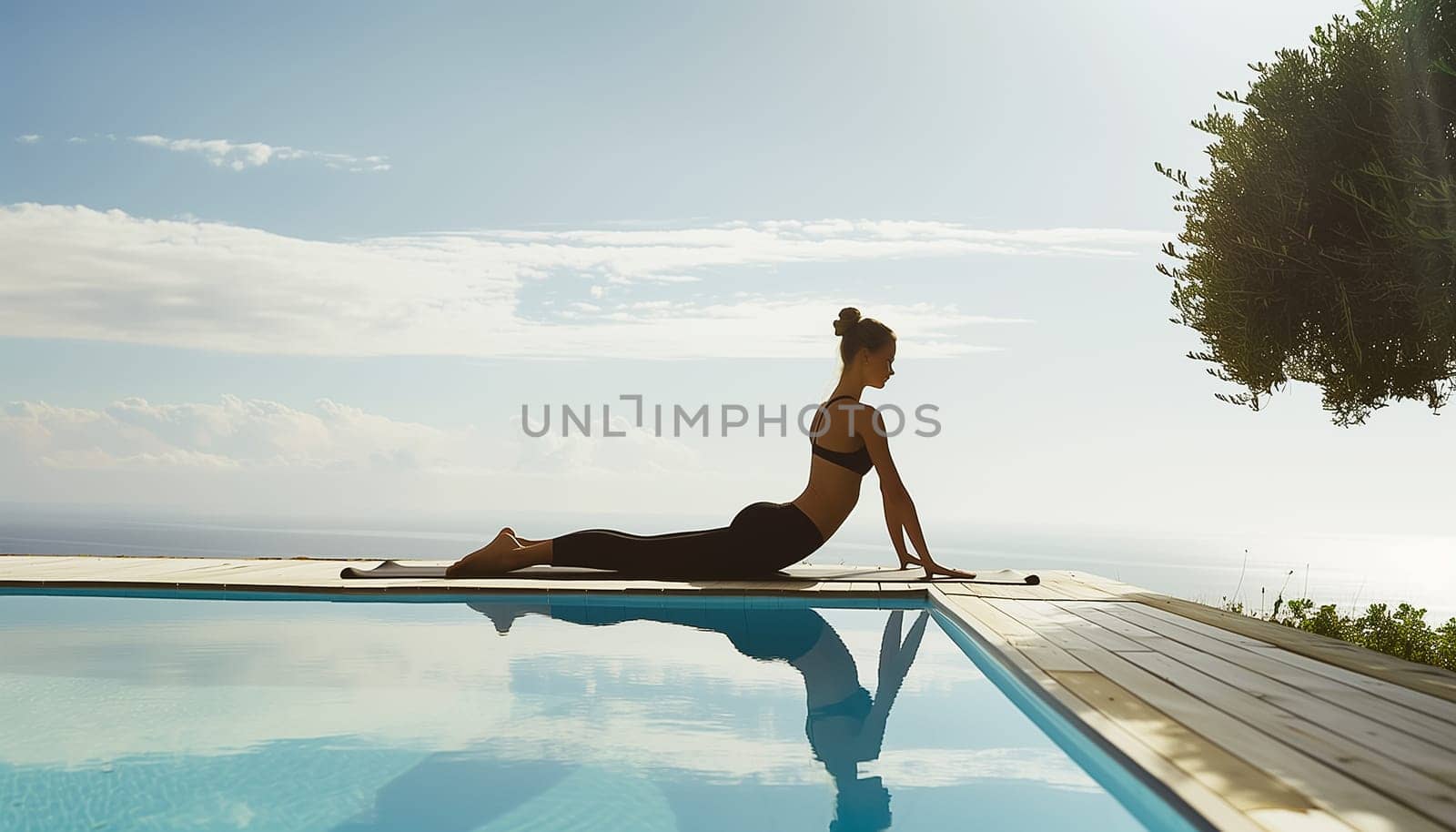 Young woman practicing yoga by a swimming pool with ocean in the background