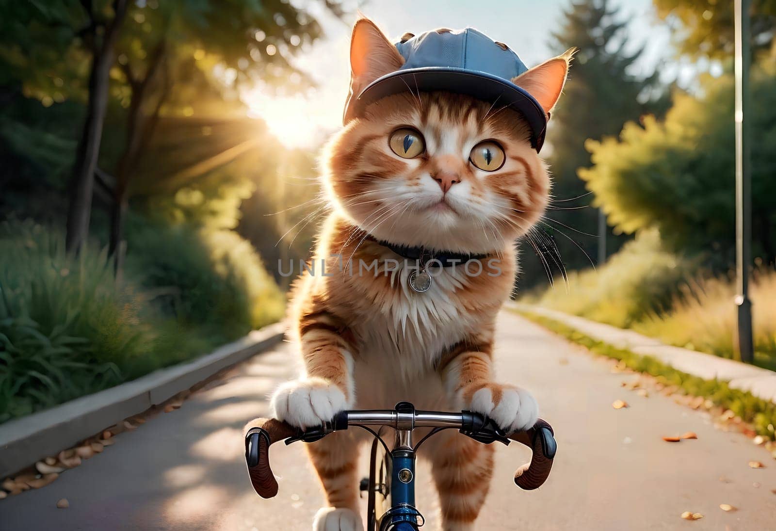 The cat walks on the street on a summer day, walking on a bicycle. AI generated image.