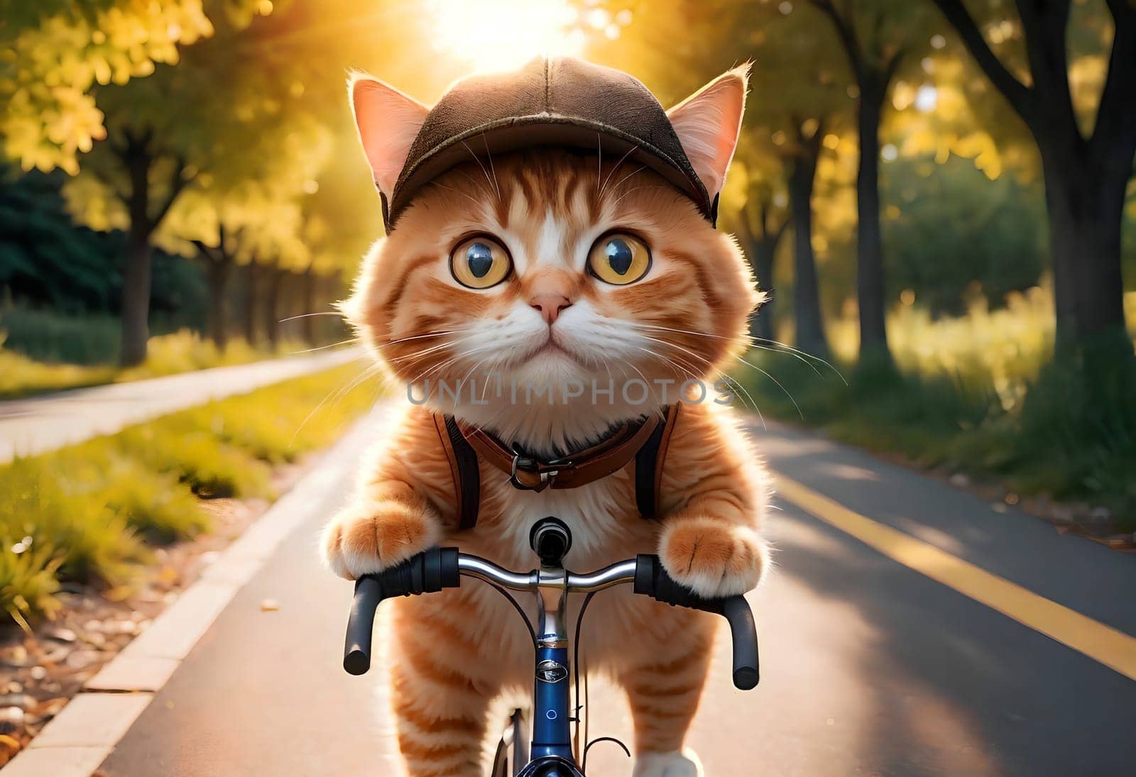 The cat walks on the street on a summer day, walking on a bicycle. AI generated image.