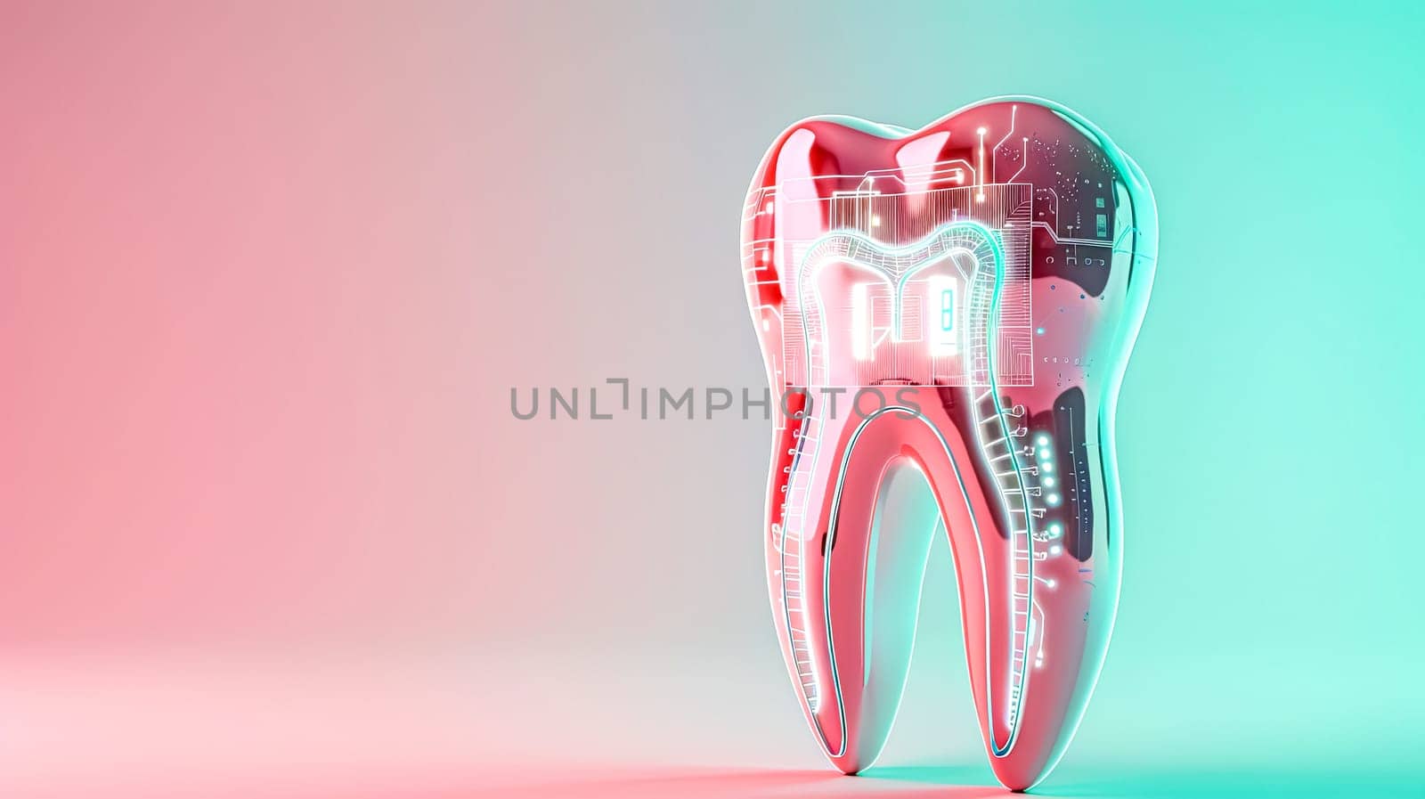 illustration of a tooth with integrated circuitry on a two-tone background, copy space by Edophoto