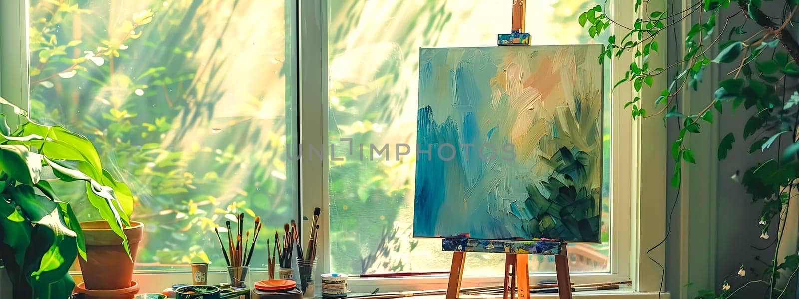 Sunny art studio with paints and canvas by Edophoto
