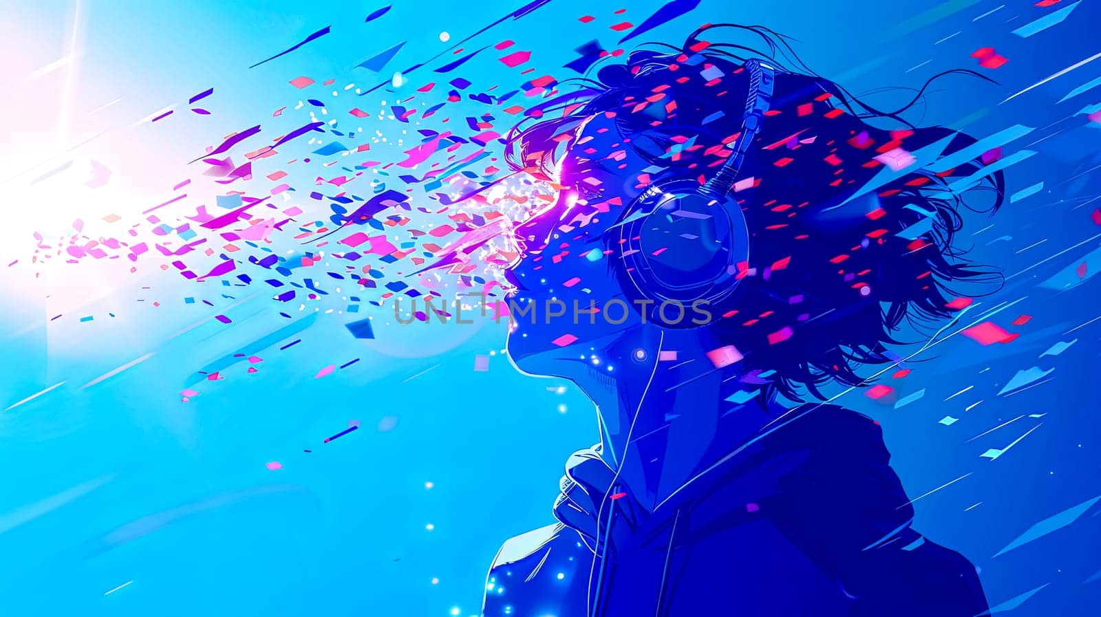 Vibrant illustration of a person with headphones experiencing a burst of colorful notes