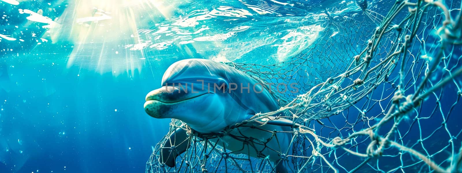 Dolphin entrapped in ocean fishing net, copy space by Edophoto