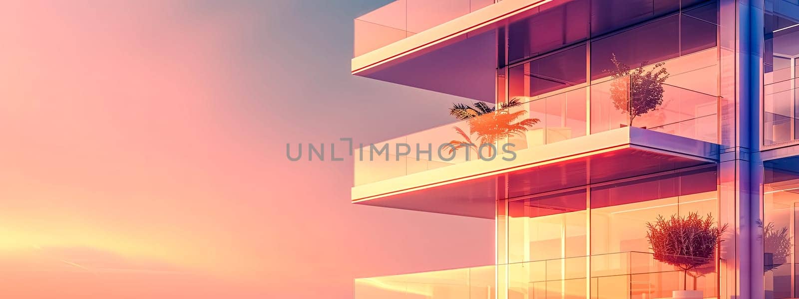 Modern architecture at sunset with vibrant colors, copy space by Edophoto