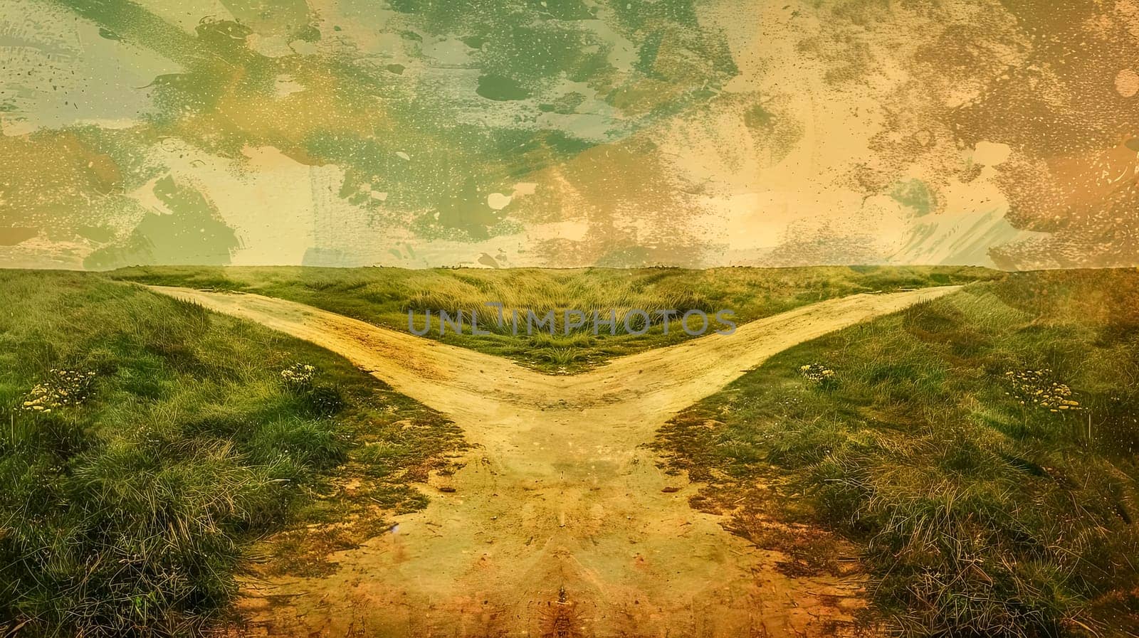 A grunge textured photograph of a split pathway in a serene field