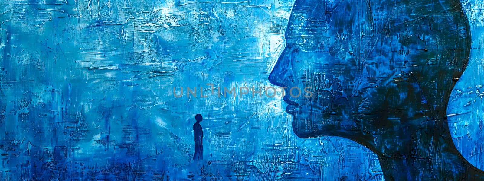 Silhouetted figure stands before expansive blue textured backdrop, evoking thought