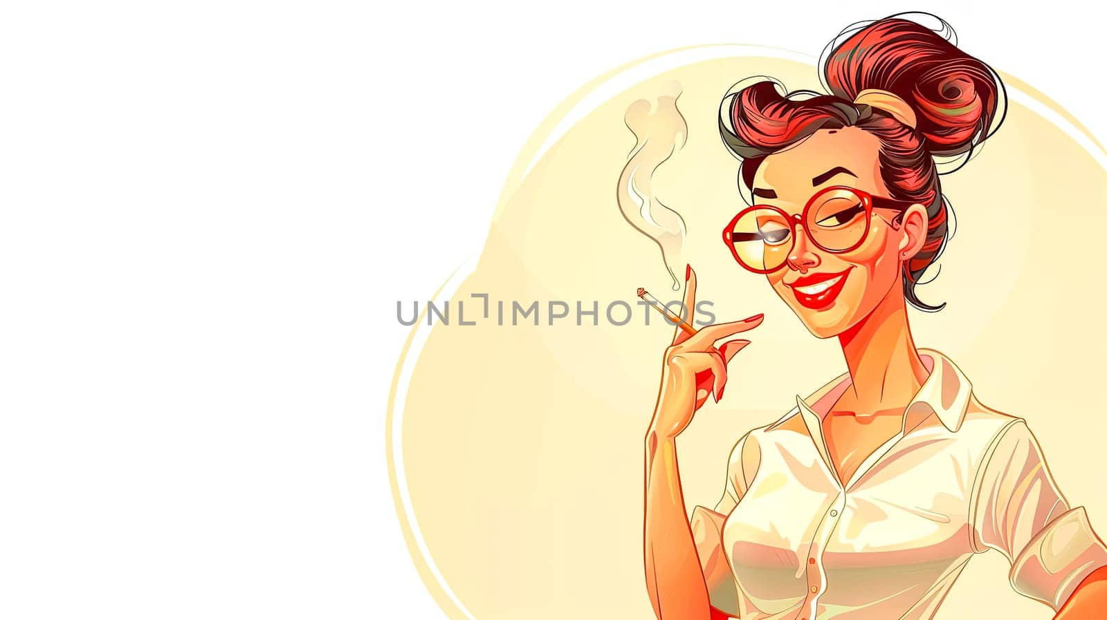 Retro Styled Woman with Glasses Smoking Illustration, copy space