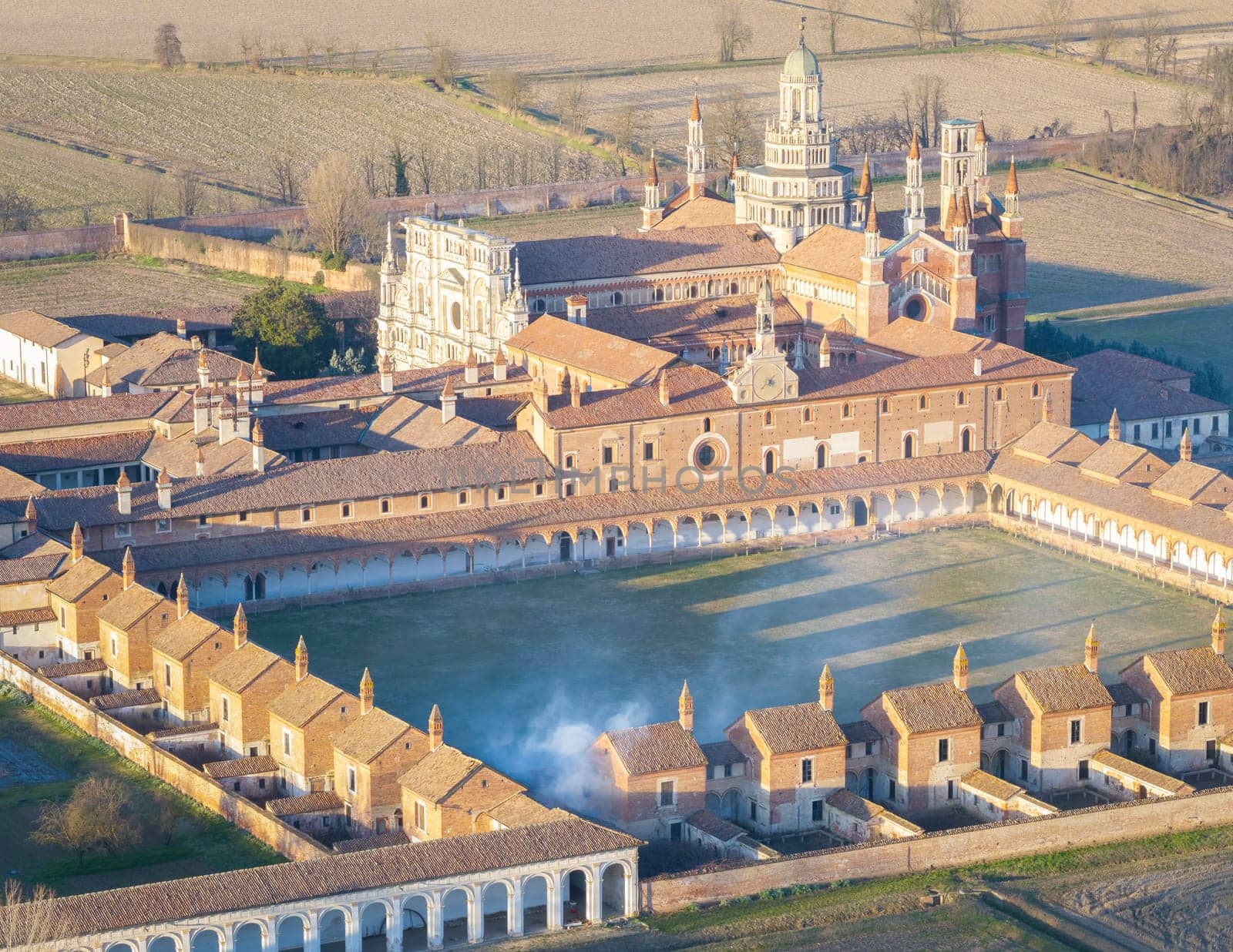 Landscape shot of Certosa of Pavia sanctuary, Pavia, Italy
