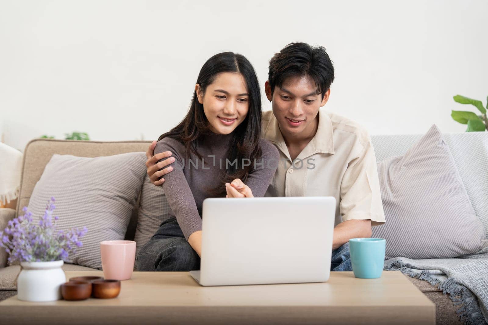 Happy asian couple using laptop sit relax on sofa doing ecommerce shopping online on website at home.