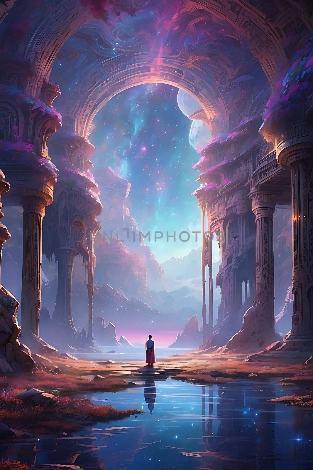 Man Standing in Front of Lake Surrounded by Pillars. Generative AI. by artofphoto