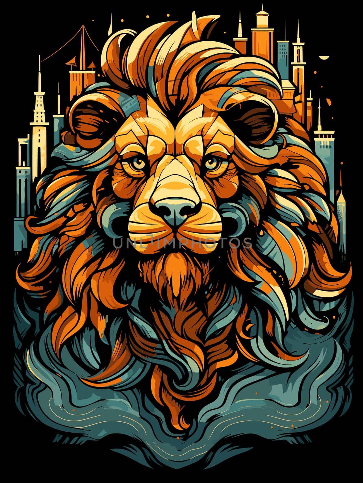 Abstract portrait of a proud and majestic lion in vector mosaic pop art style. Template for t-shirt print, poster, sticker, etc. Design element