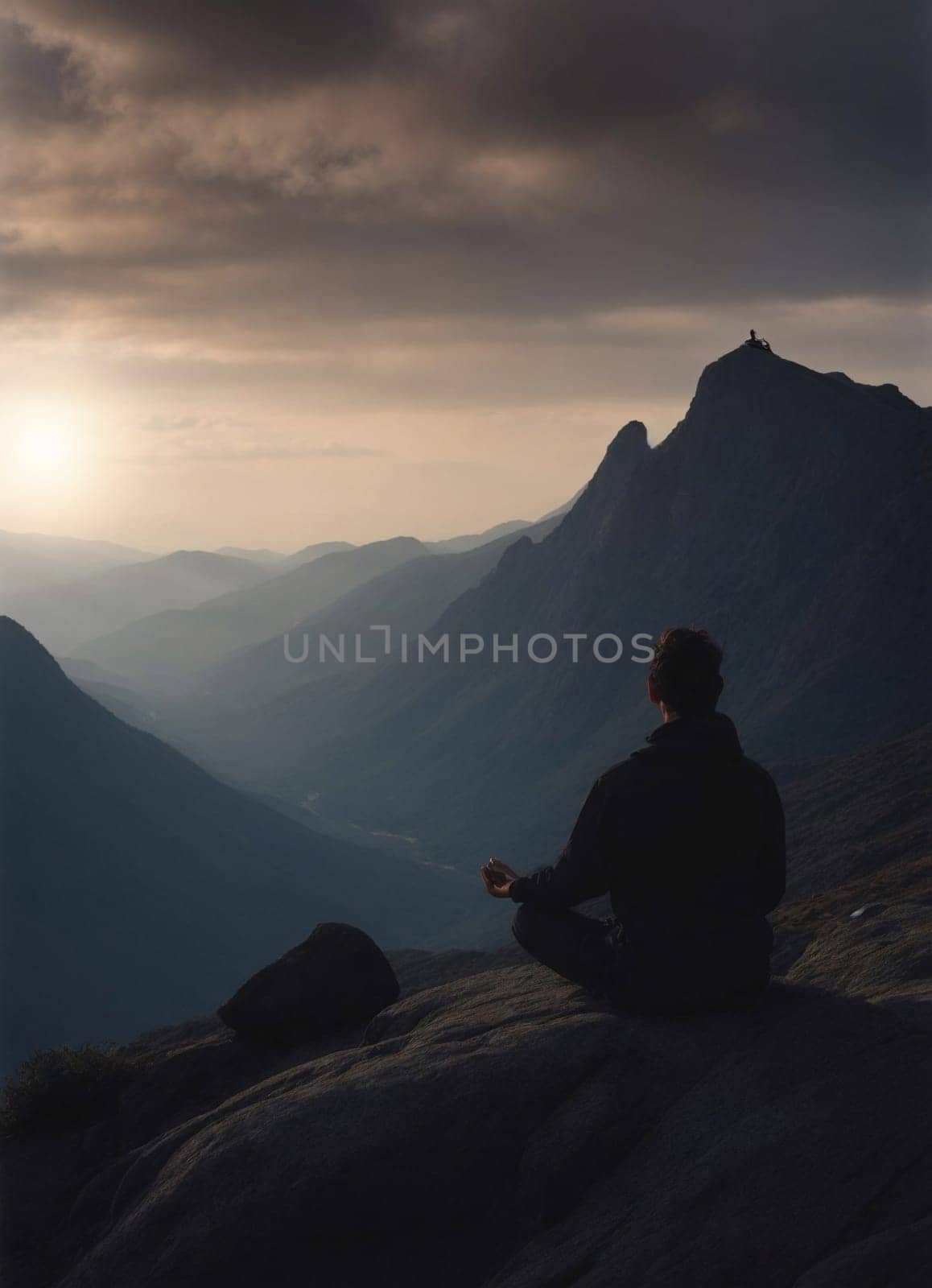 Person Sitting on Top of Mountain. Generative AI. by artofphoto