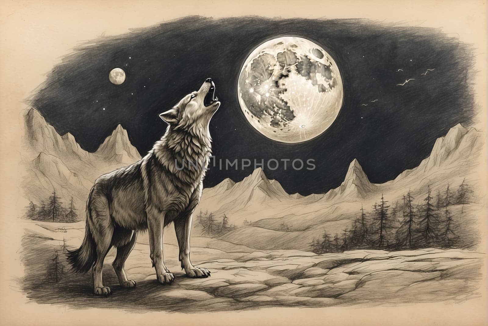 Drawing of a Wolf Gazing at the Moon. Generative AI. by artofphoto