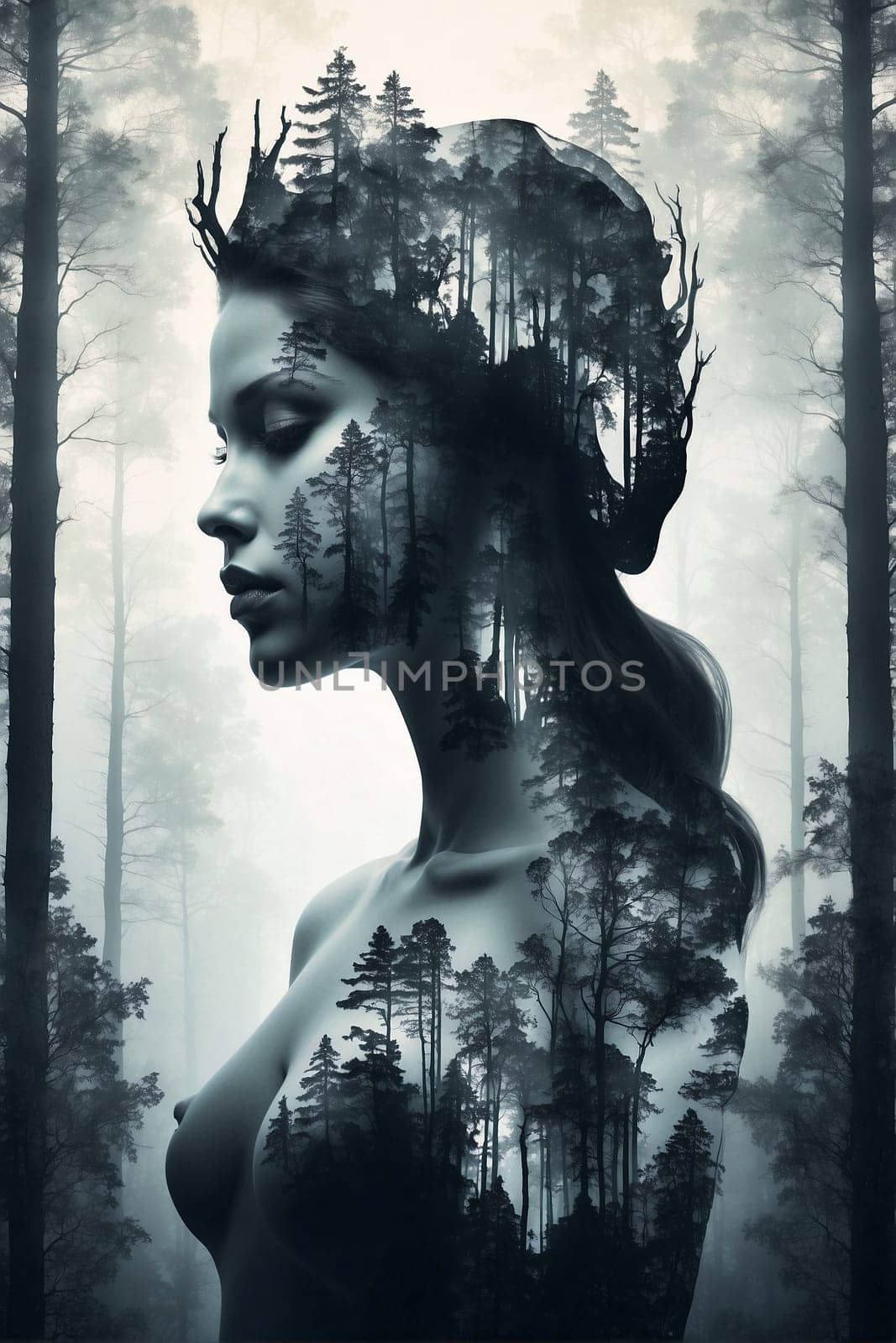 A tranquil portrait of a womans face framed by the majestic beauty of the surrounding trees.