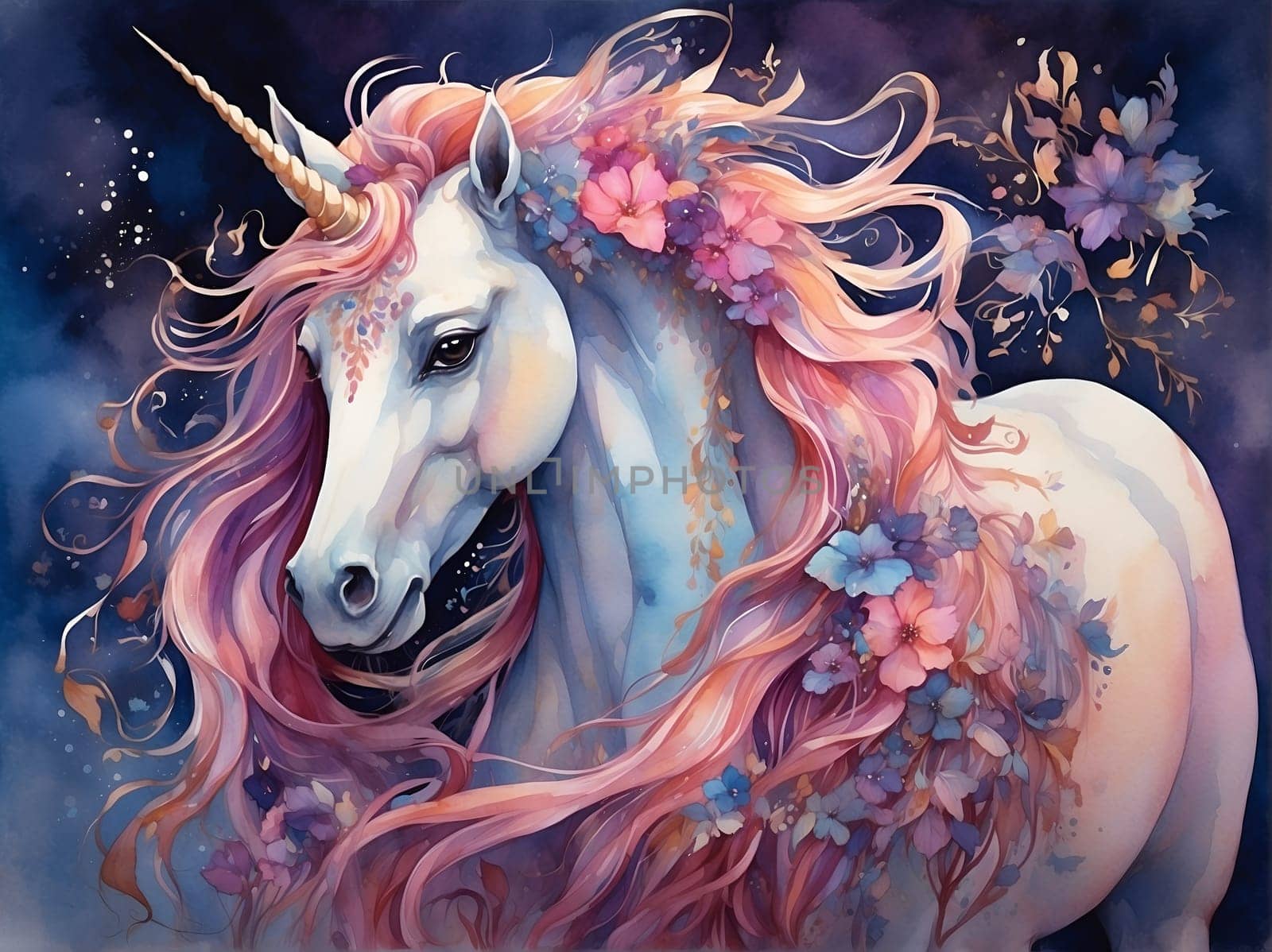 A vibrant painting capturing the magical essence of a unicorn with a mane of pink hair.