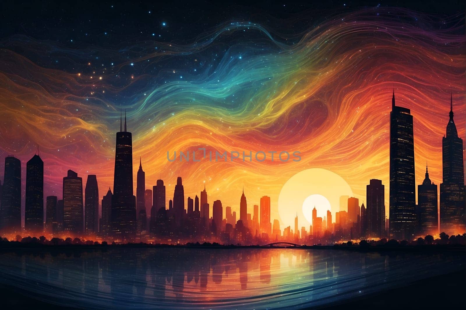 Painting of City at Night, Captivating Urban Landscape Artwork Depicting a Vibrant Cityscape. Generative AI. by artofphoto