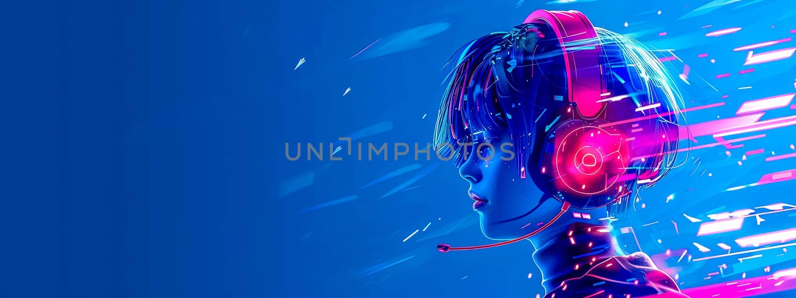 Digital illustration of a female gamer immersed in virtual reality with vibrant neon streaks