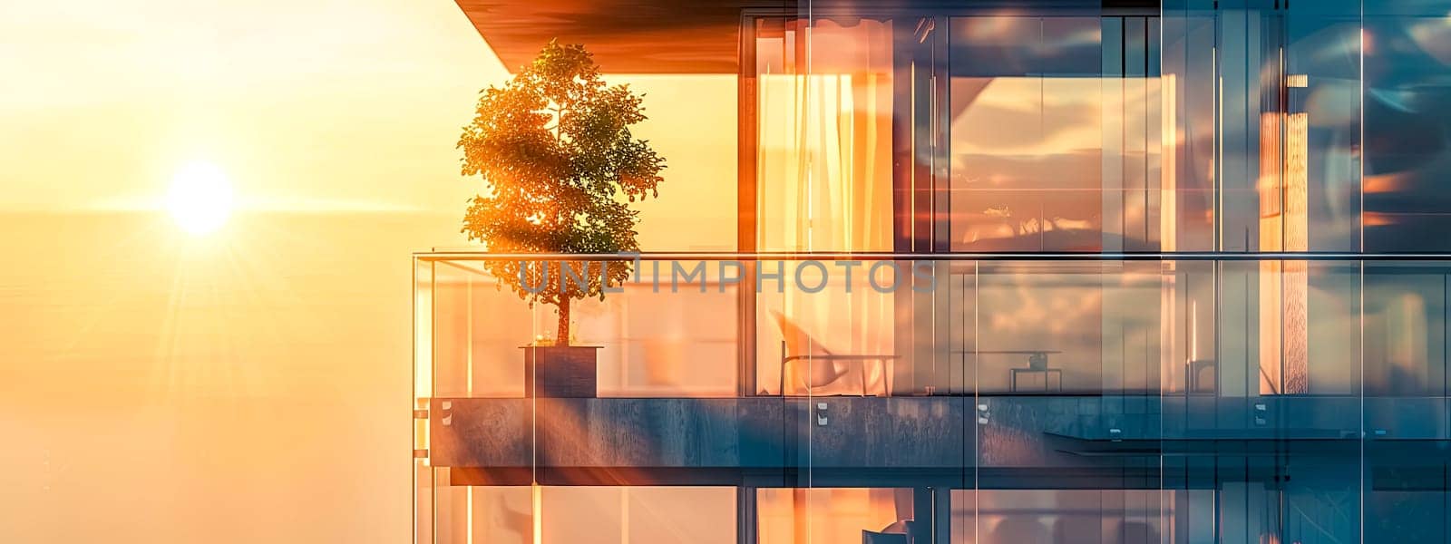 Warm sunset hues bathe a contemporary apartment balcony and glass facade