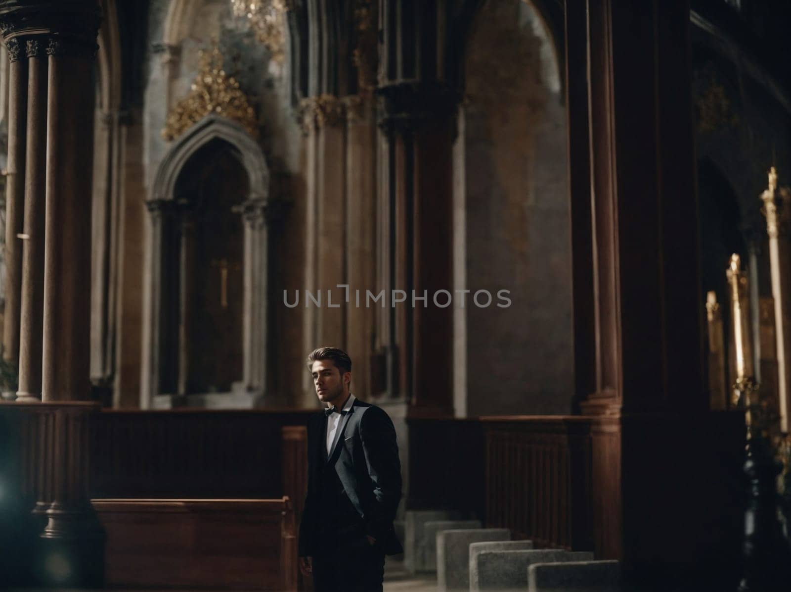 Man in Tuxedo Standing in Front of Church, Formal Attire at a Religious Venue. Generative AI. by artofphoto