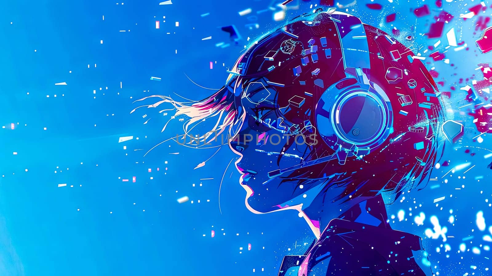 Cybernetic dreamscape - profile of a futuristic woman. the girl listens to music in headphones by Edophoto