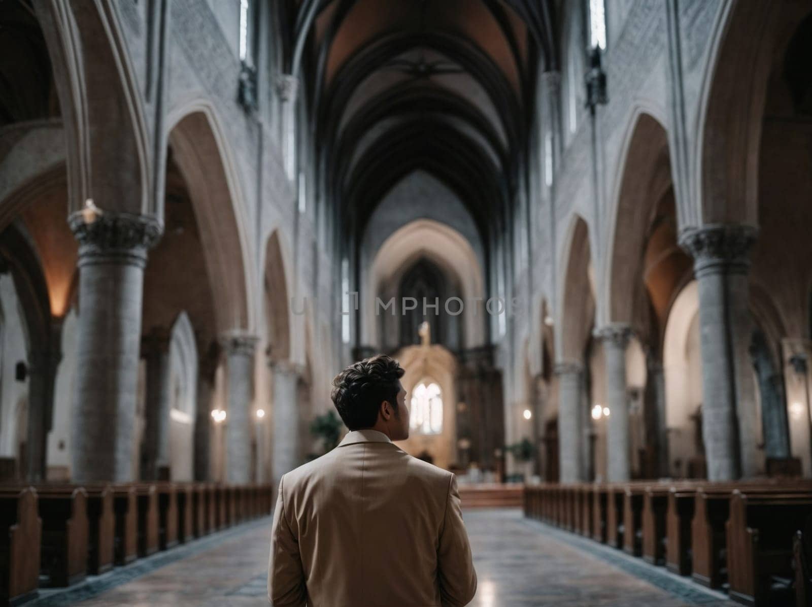 A man stands in awe as he gazes at the intricate ceiling of a beautiful church.