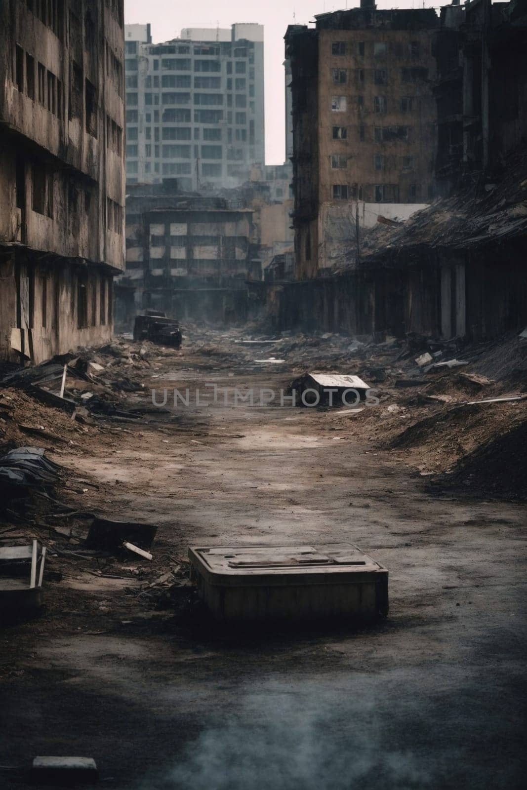 This photo captures a bustling city street, filled with grime and activity, as towering buildings loom in the distance.