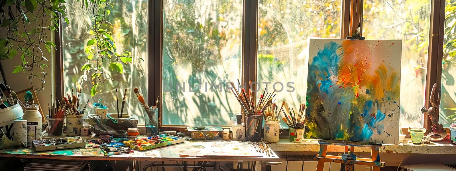 Sunlit artist's workspace with painting tools and canvas by Edophoto