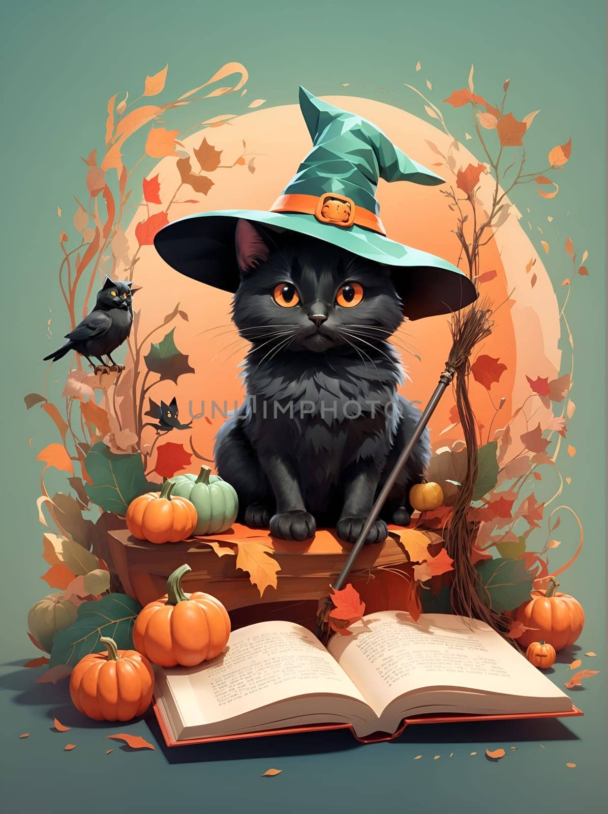 Black Cat With Witches Hat Sitting on Open Book. Generative AI. by artofphoto