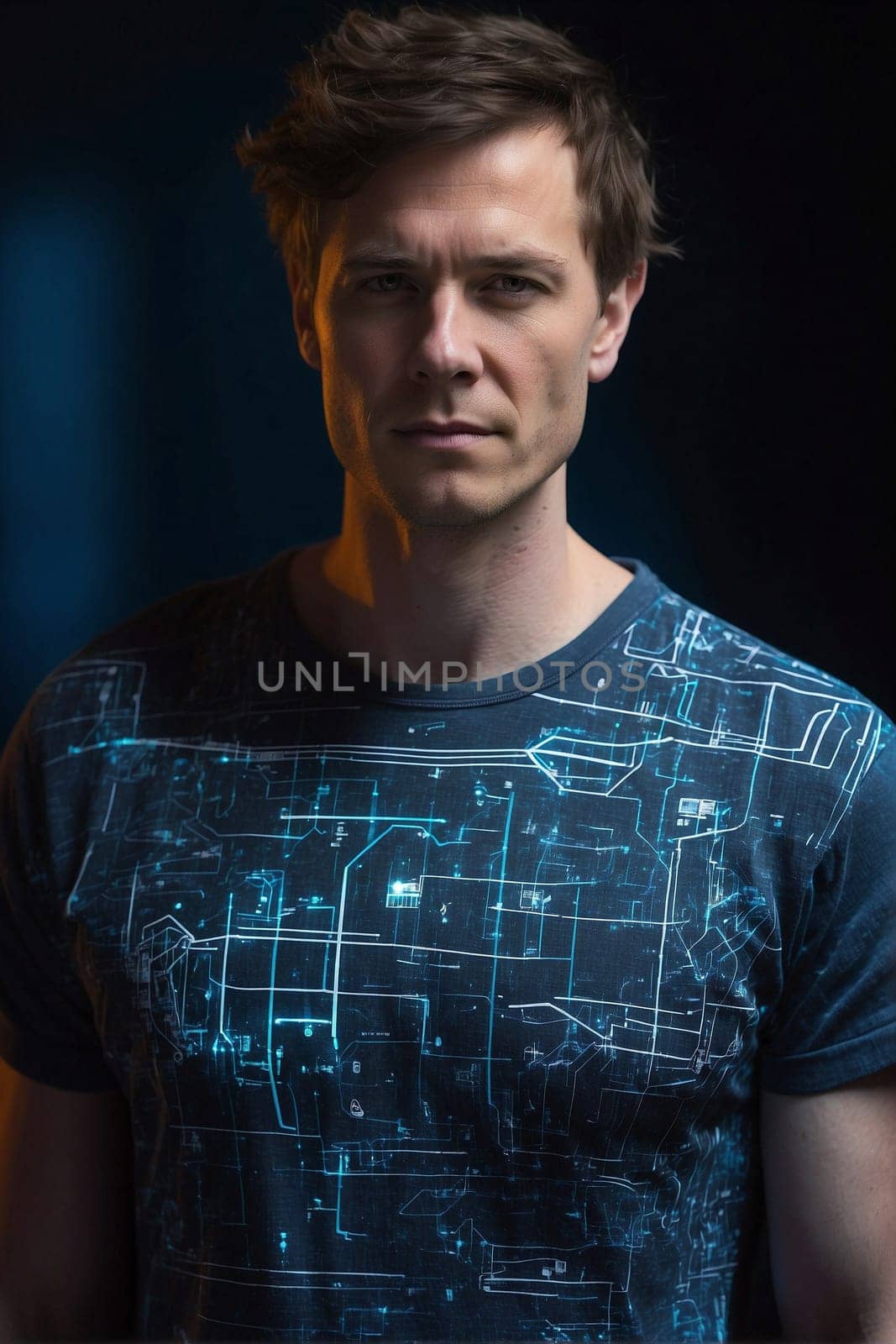 Man in Blue T-Shirt Looking at Camera. Generative AI. by artofphoto