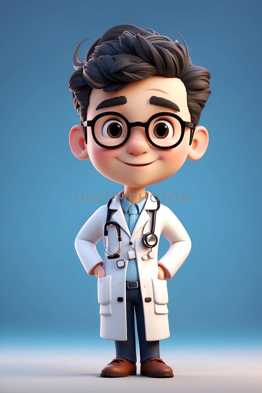 A cartoon character wearing glasses and a stethoscope is shown in this image, providing medical care to patients.